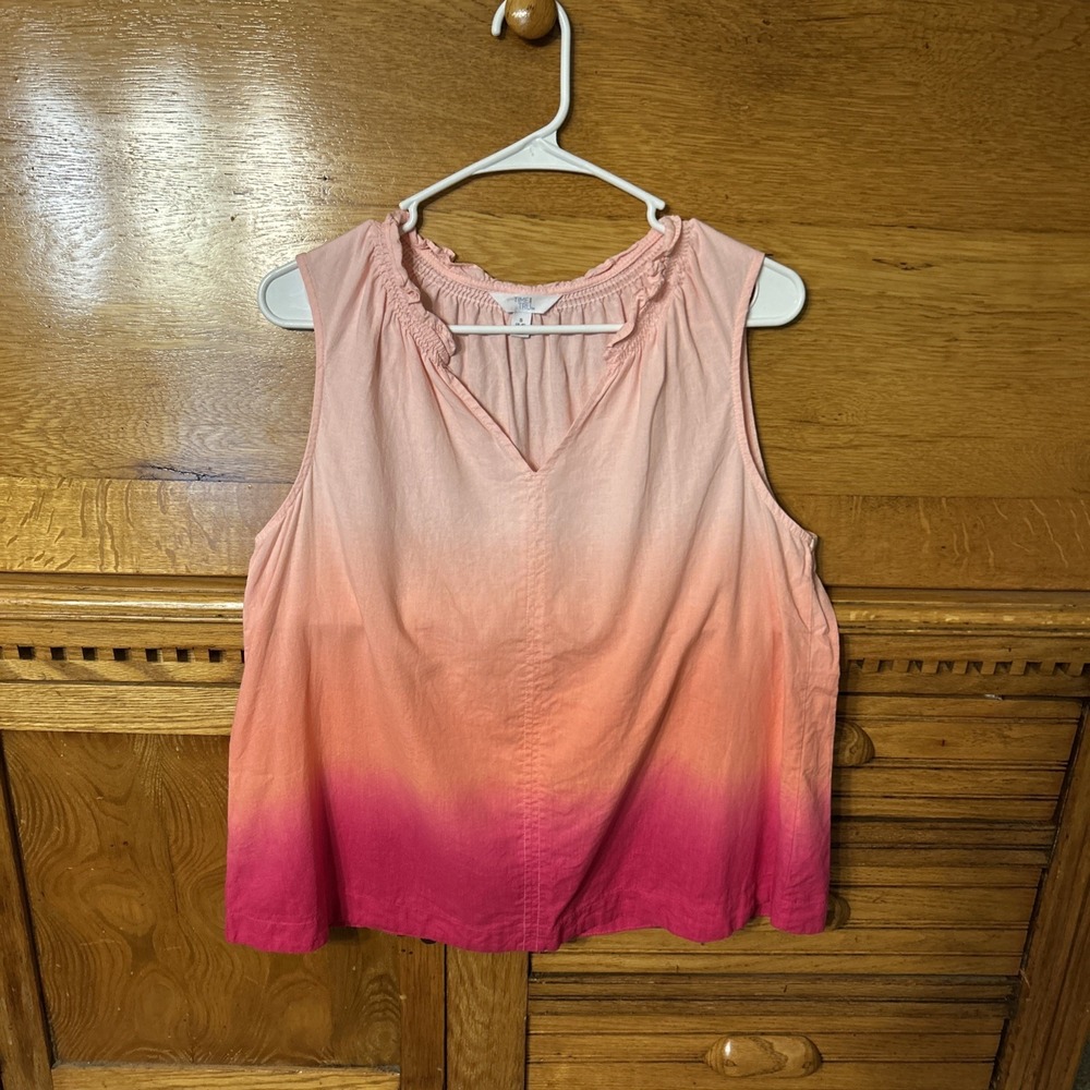 Y2K Boho Chic Pink Orange Ombre Linen Blend Ruffle V-Neck Tank Top Resort Wear